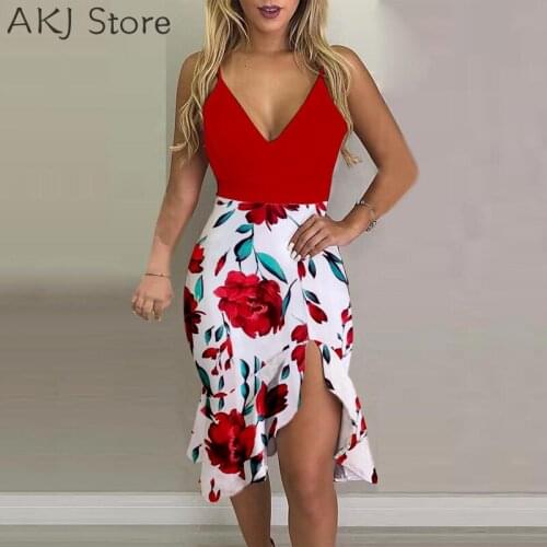 Fashion Elegant Spaghetti Strap Floral Print High Slit Ruffles Dress