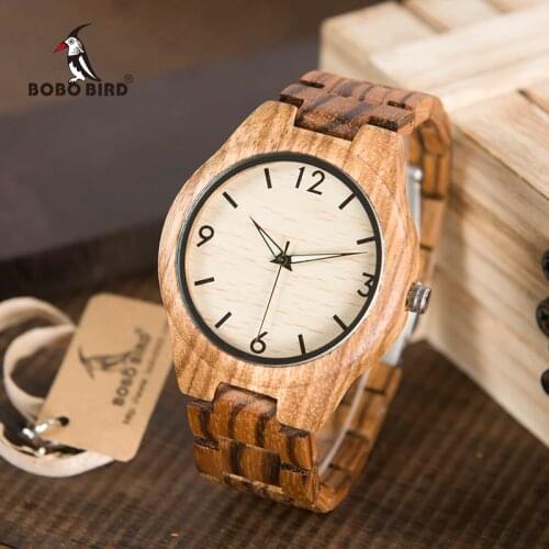 BOBO BIRD Men Watch Top Brand Luxury Zebra Wooden Watches With Full Real Wood Band Quartz Watch in Wooden Gift Box