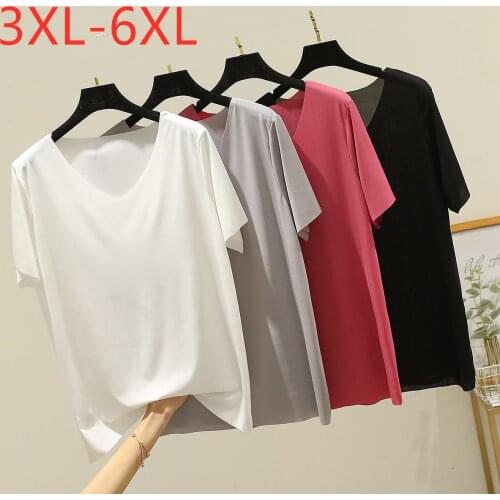 New 2021 Ladies Summer Plus Size Tops For Women Large Short Sleeve Loose White Elastic V-neck T-shirt 3XL 4XL 5XL 6XL