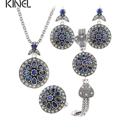 Charm Vintage Jewelry Set Round Crystal Flower Earrings /Bracelets/ Pendant Necklace / Ring For Women Turkish Jewelry