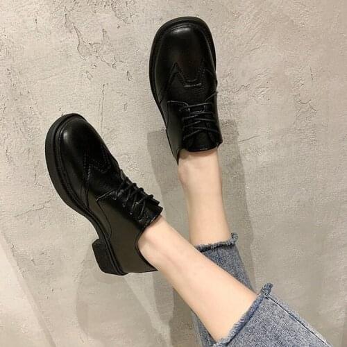 Solid Leather Casual Shoes Woman New Autumn Winter Oxford Shoes for Women Lace Up Thick Bottom Square Low Heels Flats Plus Size