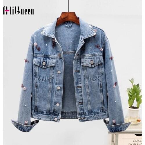 Autumn Women Pearls Beading Diamonds Denim Jacket Loose Streetwear Batwing Sleeve Tassel Short Jeans Jacket Coat Chaquetas Mujer