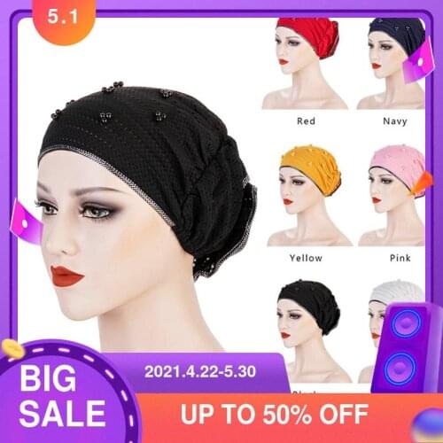 Fashion Faux Pearl Decorative Flower Knot Womens Muslim Headscarf Hat Breathable White Brim Headgear Hat