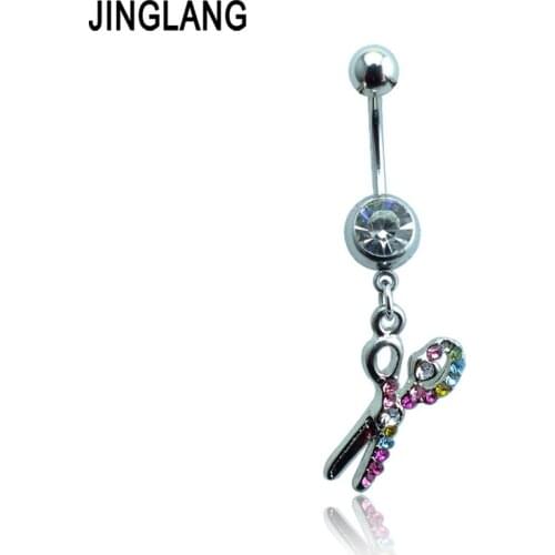 Popular! DIY New Design Surgical Steel Colorful Rhinestone Dangle Scissors Navel Piecing Rings For Women Body Jewelry