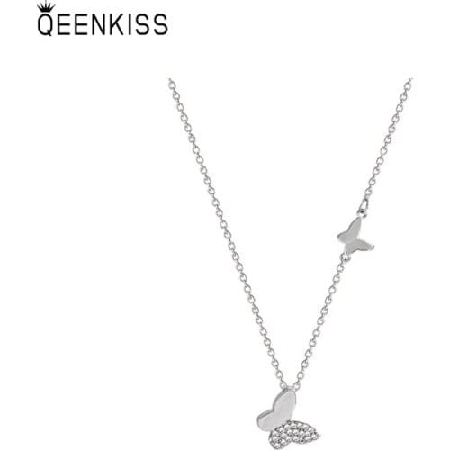 QEENKISS NC734 Fine Jewelry Wholesale Fashion Trendy Woman Birthday Wedding Gift Butterfly AAA Zircon Clavicle Pendant Necklace