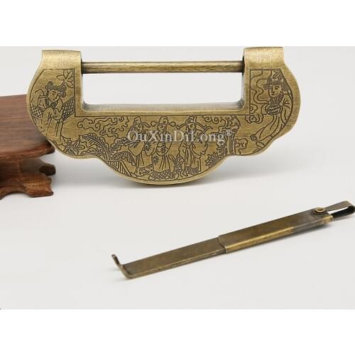Retro Vintage 2PCS European Pure Brass Carved Cabinet Lock Wooden Cases Gift Box Antique Cabinet Padlock + Key