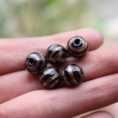 10Pcs 10mm 12mm Handmade Glass lampwork beads Black with gold strips Fine for jewelry making Wholesale and Retail