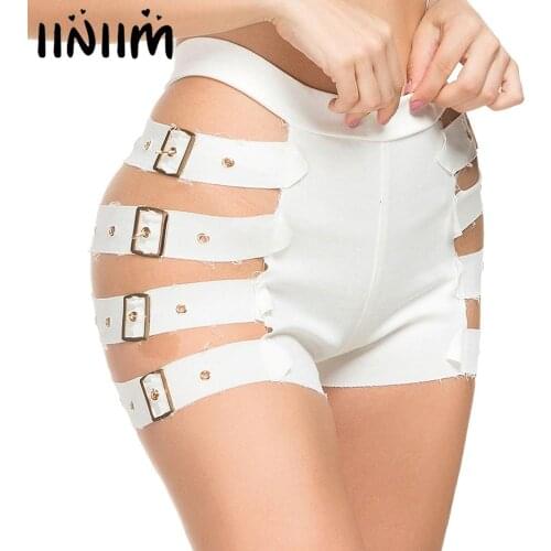 Iiniim Womens High Waist Side Hollow Out with Buckle Belt Pencil Shorts Gothic Streetwear Short Pants Party Bar Hot Clubwear