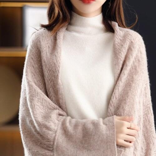2021 new autumn winter pearl button shawl scarf warm hollow cashmere cardigan womens 100% wool knitted coat