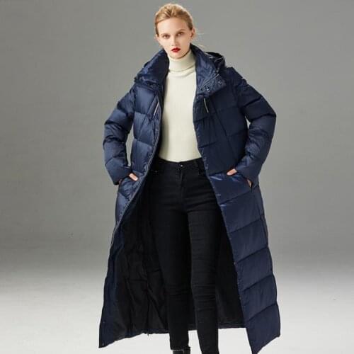 Oversized hooded fluffy Down jacket female new fashion black long padded knee to ankle hooded white duck down winter coat F486