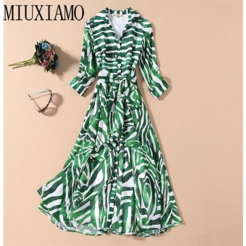 MIUXIMAO High Quality Newest Fashion Runway Long Dress Women Long Sleeve Stripe Retro Art Printed Designer Long Dress With Belt