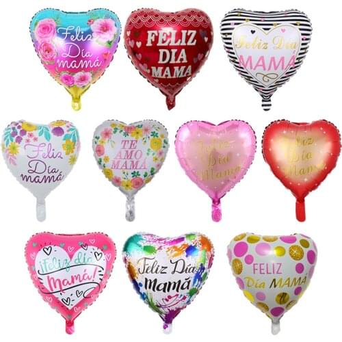 10pcs 18inch Spanish Happy Mothers Day Foil Balloons Print Feliz Dia MA MA Heart Balloon I Love You Mom Mothers Day Decor