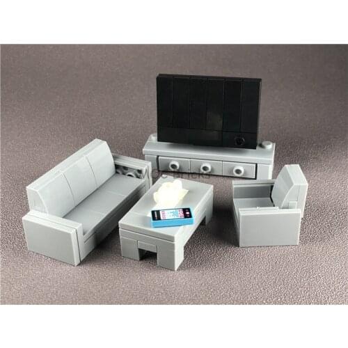 2sets/lot MOC Bricks DIY Furniture Light Gray American style Sofa TV Educational Building Blocks Figure toys children Xmas gift