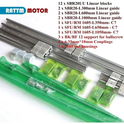 6Pcs linear Guide Rail Kit SBR20 300 600 1000mm+Ballscrew SFU1605 350 650 1050mm end machinied+3set BK/B12+1605 nut housing