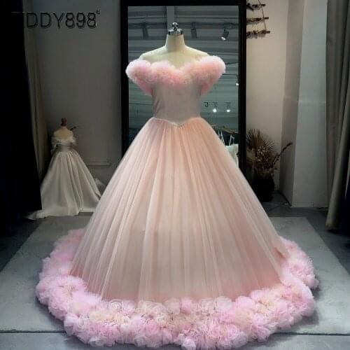Ball Gown Pink Tulle Evening Dresses New Custom-Made Off Shoulder Formal Dress With Flowers Quinceanera Party Wear Robe Soiree