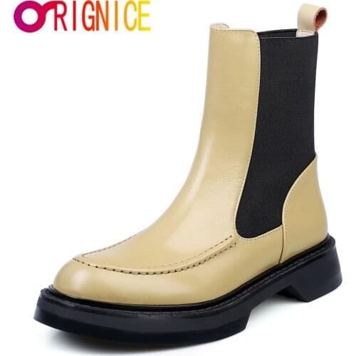 Orignice Chelsea Women Ankle Boots Thick Bottom Genuine Leather High Top Waterproof Round Toe Sewing Slip On Handmade Shoes