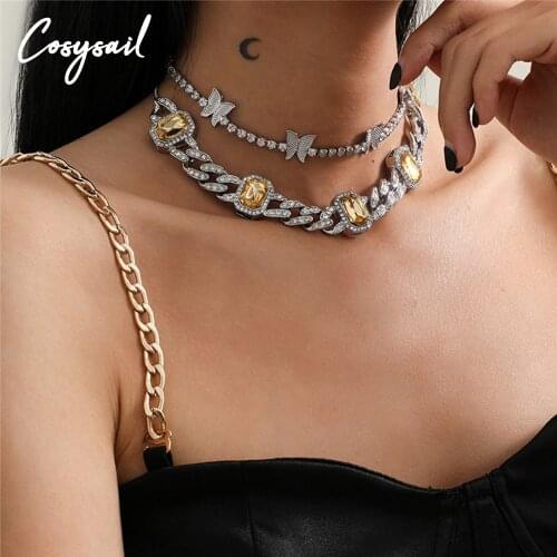 Cosysail 2Pcs Shiny Rhinestone Butterfly Choker Necklace for Female 2021 Trendy Crystal Cuban Chunky Chian Necklace Jewelry Gift