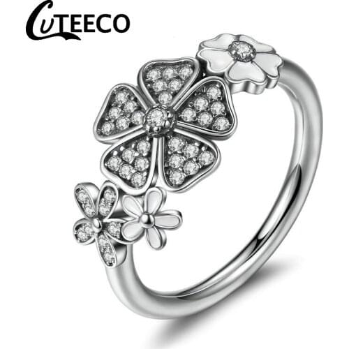 Cuteeco Fashion Silver Color Pan Ring Pink Flower Poetic Daisy Cherry Blossom Finger Ring For Women Jewelry