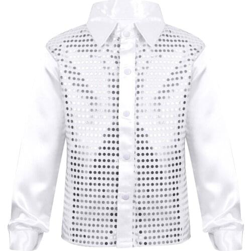 Kids Boys Tops Costume Dancewear Shiny Glittery Sequined Long Sleeve Spread Collar Shirt for Choir Jazz Dance Stage Performance
