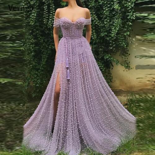 Verngo Graceful Lilac Full Pearls Long Evening Dresses Off the Shoulder Sheer Neck Side Slit Prom Gowns Party Occasion Dress