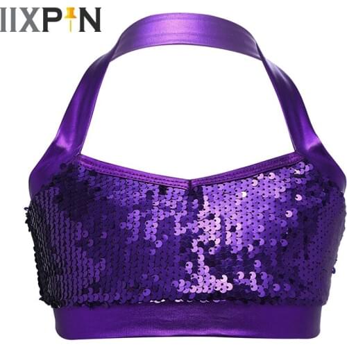IIXPIN Girls Ballet Costumes Sequin Halter Bra Top Glittery Halter Sequins Bra Tops Crop Top for Ballet Dance Stage Performance