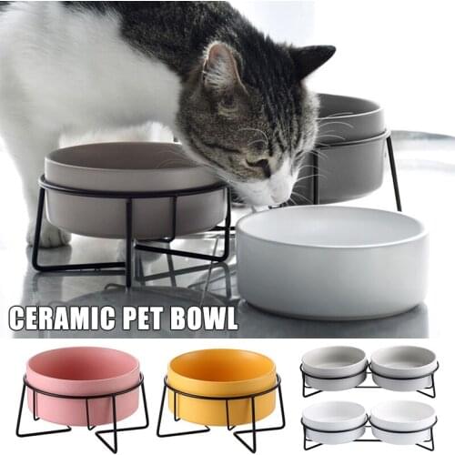 Ceramic Raised Cat Bowl Pet Food Bowl with Metal Stand Protect Cervical Spine Pet Feeding Food or Water Bowls LBShipping
