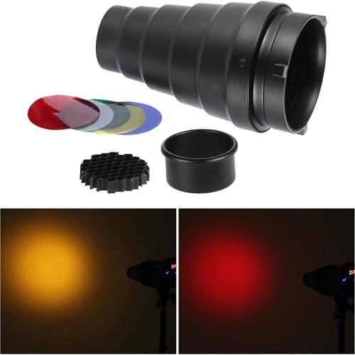 Conical Snoot, with Honeycomb Grid, 5x Color Gel Filters, for Bowens Mount Studio Flash Lamp