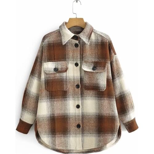 Vintage Chic Contrast Colors Patchwork Plaid Jacket Fashion Women Pockets Lapel Collar Coat Casual Streetwear Girls Outerwear