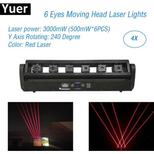 4Pcs/Lot 6 Eyes Moving Head Laser Lights Laser Power 50mw DMX512 DJ Equipment Disco Sound Party Light Projector Stage Lighting