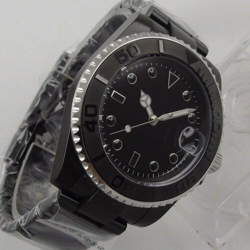 40MM Black Sterile Dial Sapphire Glass PVD Coated Ceramic Bezel Date MIYOTA Glass Case Back Automatic Mens Wristwatch