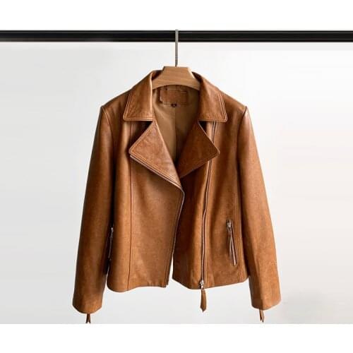 2021 New Leather Motorcycle Leather Womens Sheepskin Short Oil Wax Skin Thin Leather Jacket Coat Trend New Arrivals