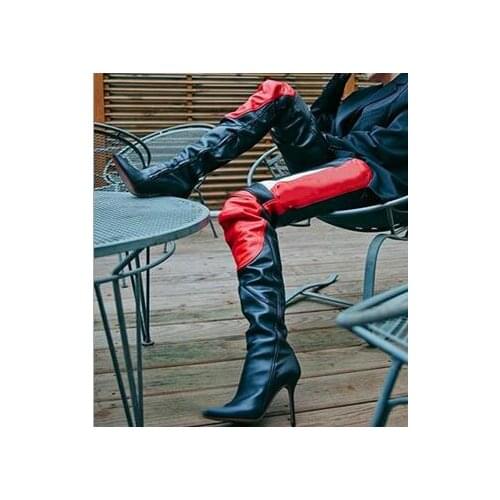 New Woman Sexy Black Red White Patchwork Over The Knee Boots Pointed Toe Thin Heels Motorcycle Thigh Leather Boots Big Size 45