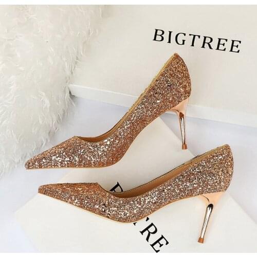 New Women Pumps Wedding Shoes Women Bride Sexy High Heels Shoes Pointed Toe Sequin Party Heel Female Shoes