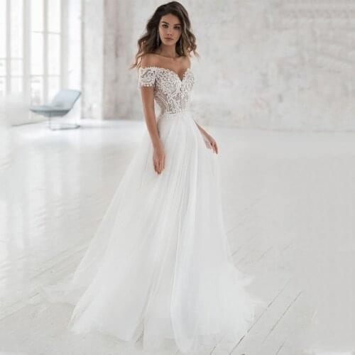Charming On Sale Lace Sweetheart Bridal Wedding Dresses Off Shoulder Short Sleeves Wedding Gowns for Bride Back Out Court Train
