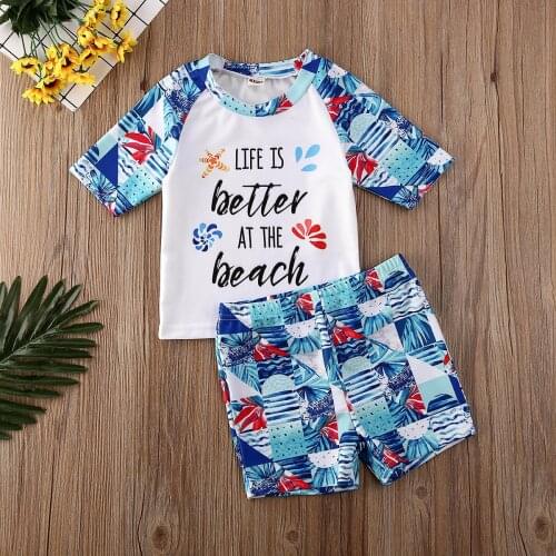 Toddler Baby Boys 2Pcs Swimsuit Summer Printed Short Sleeve T-shirt and Swim Trunks Swimwear Bathing Suit Beachwear 1-5Y