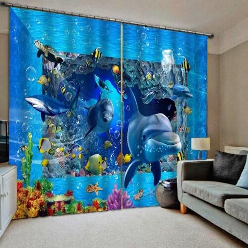 Blue curtain ocean dolphin underwater curtains blackout curtain for bedroom living room