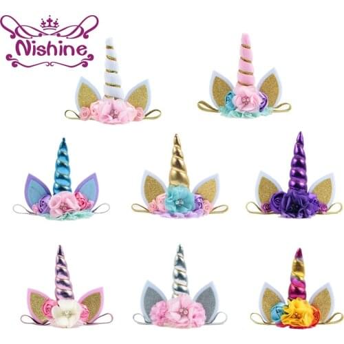 Nishine 10pcs/lot New Unicorn Horn Headband Kids Birthday Gifts Unicorn Girls Hairbands Party Supplies Photography Props