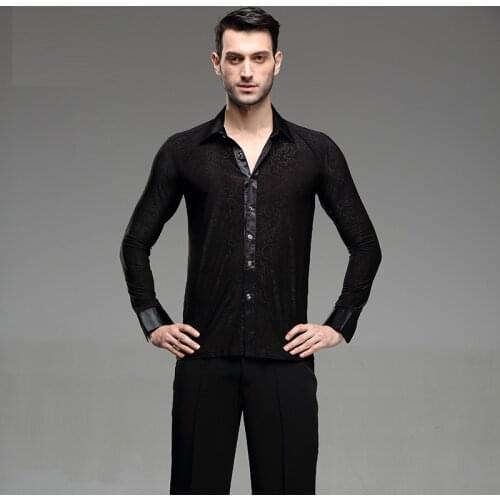 New mens black dance shirt Adult Competition Performance Ballroom Modern Salsa Tango Samba latin shirts Long Sleeve Jazz Tops