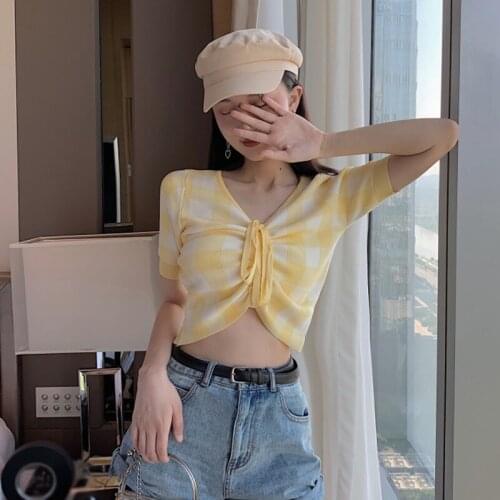 Shirts T-shirts Tops Fashion Plaid Casual Knit Women Cotton Lantern Sleeve Short V-neck Knitted Drawstring T- Yuerlian Hot Sale