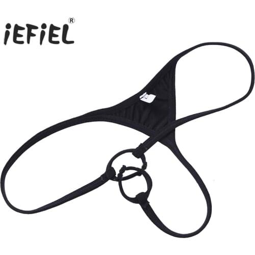 IEFiEL Sexy Men Lingerie Patent Leather G-string Thong with Two Penis Hole Bikini Briefs Underwear Underpants Mens Hot Panties