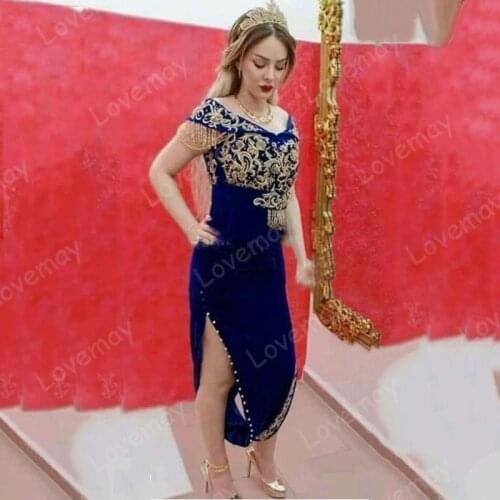 Royal Blue Velvet Evening Dresses Karakou Algerian Beaded Prom Gowns Appliques Lace Formal Women Dress Custom Mde