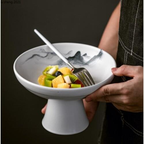 Japanese Ceramic Tall Storage Tray Household Retro Round Fruit Snack Main Course Cake Tray Restaurant Tableware Kitchen Supplies