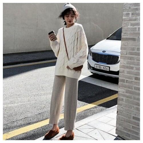 Women 2021 Autumn Winter New High Waist Thick Knitted Pants Female Loose Wide-leg Pants Ladies Student Sweater Trousers E705