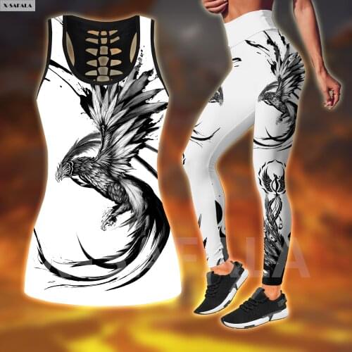 Phoenix Tattoo 3D Printed Women Combo Two Piece Yoga Set Vest Hollow Out Tank Top High Waist Legging Summer Casual Sport