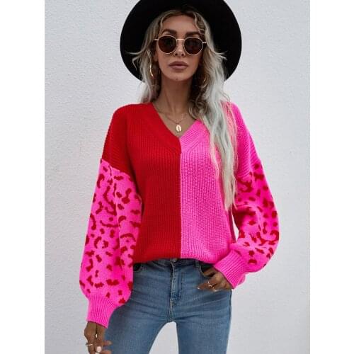Fashion Women Casual Leopard Patchwork Knitted Sweaters Spring Autumn Long Sleeve V-Neck Tops Loose Outerwear