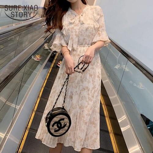 Fashion women summer dress elegant 2021 white dress Bow Floral A-Line Butterfly Sleeve ladies dresses chiffon dresses 3501 50