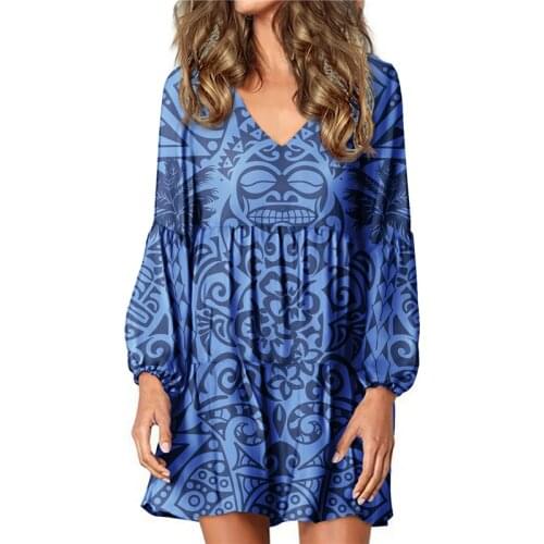 Hycool Navy Samoan Tribal Design Women Knee-Length Loose Pregnant Dress Sexy V-Neck Lantern Sleeve Plus Size Casual Dresses 2021