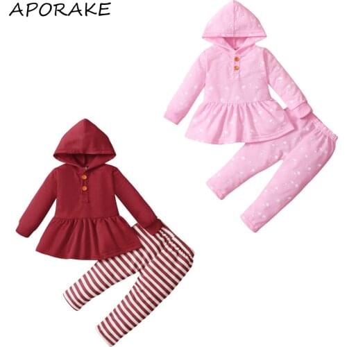 2021 0-5Y Spring Autumn Girl Clothes Set Casual Baby Wine Red Hooded Pullover and Floral/Stripe Printed Pattern Trousers 2pcs