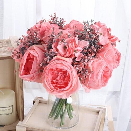 Big Silk Rose Peony Artificial Flower High Quality White Bouquet Background Decoration DIY Berry Fake Plant Home Wedding Decor
