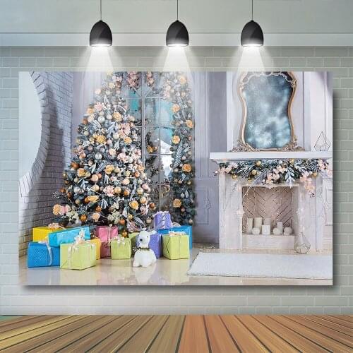 Floral Christmas Room Photography Backdrop Family Photo Child Gifts Tree Fireplace Sliver Window Festival Prop Kids Photostudio